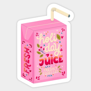 Juice box with hand lettering holiday juice. Cute festive winter holiday illustration. Bright colorful pink and blue greeting card. Sticker